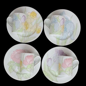 Vintage 1970s Modern Luncheon Set of 4 SPRING GARDEN Plates and Mugs Cups Fitz and Floyd Japan Japanese image 9