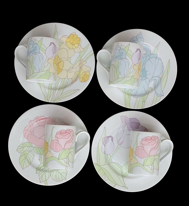 Vintage 1970s Modern Luncheon Set of 4 SPRING GARDEN Plates and Mugs Cups Fitz and Floyd Japan Japanese image 9