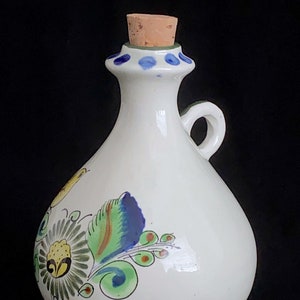 Vintage Modernist Mexican Tonala Art Pottery Hand Painted Bottle Jar Jug with Bird & Floral Scene 5.75 Tall Artist Signed CAT image 3