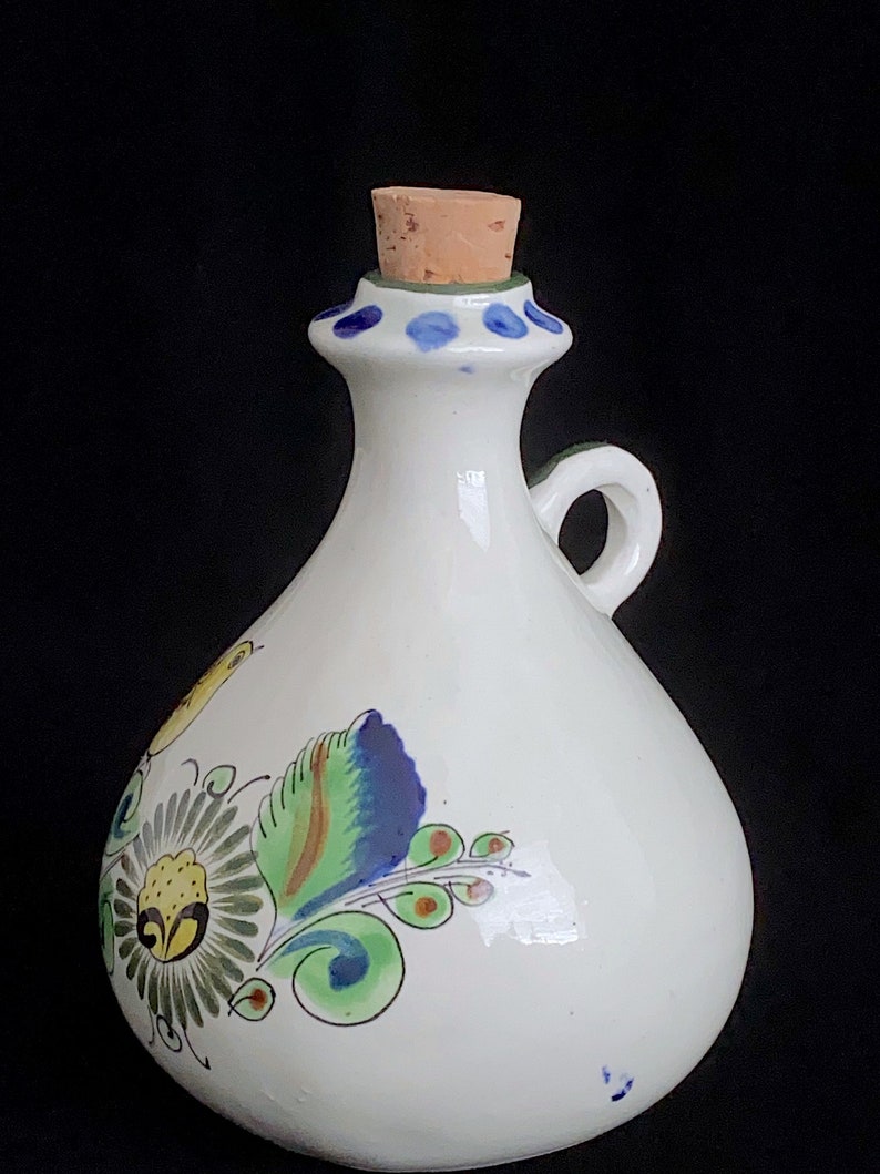 Vintage Modernist Mexican Tonala Art Pottery Hand Painted Bottle Jar Jug with Bird & Floral Scene 5.75 Tall Artist Signed CAT image 3
