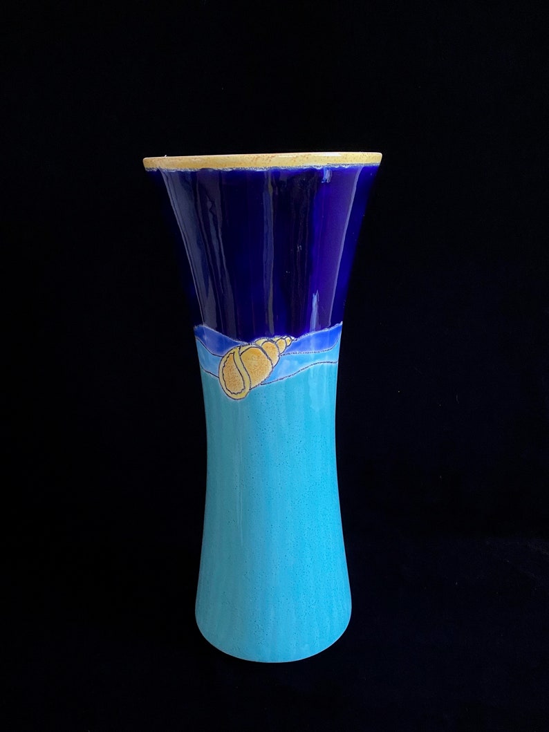Vintage Modern Artesa 14 TALL Art Studio Pottery Eduardo Vega of Cuenca Ecuador Modernist Sea Theme CARIBE Vase w Shell and Starfish image 3