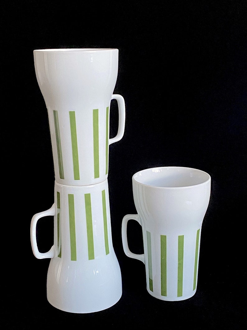 Set of 3 Vintage Mid century Modern Lagardo Tacket Schmid Porcelain Tall Mugs Green and White image 5