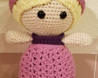 Crocheted Handmade Plush Doll Wearing a Pink Outfit and Carrying a Baby, Blonde Curly Hair in Ringlets, Custom Dolls