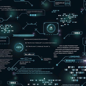 Op de afbeelding: Een blauwe en groene digitale interface met tekst, cijfers en een laadbalk. De tekst bevat "Loading...", "Error", "Data Scan", "Warning", "Exercise", en "Do you want to continue".