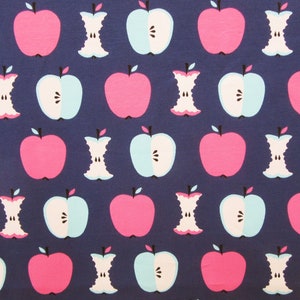 Jersey Cotton Fabric  with Retro Apple Design in Blue