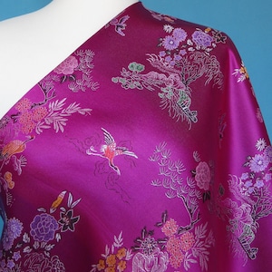 Pink Shiny Fabric with Chinese Design of Birds and Trees Jacquard