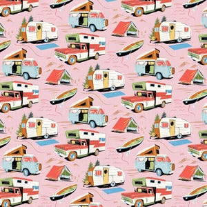 Cotton Retro Road Trip vintage Vehicles Michael Miller Pink