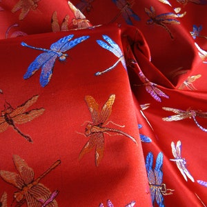 Red Shiny Fabric with Chinese Dragonfly Design Jacquard