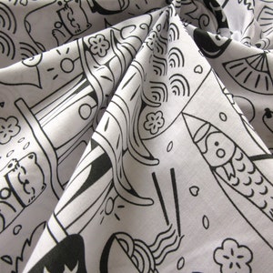 Katoen Zwart Wit met Japans Doodle Design afbeelding 6