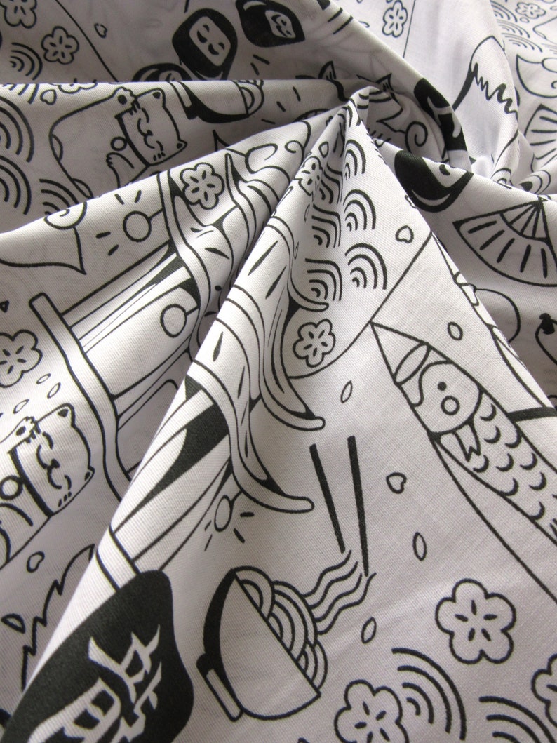 Katoen Zwart Wit met Japans Doodle Design afbeelding 6