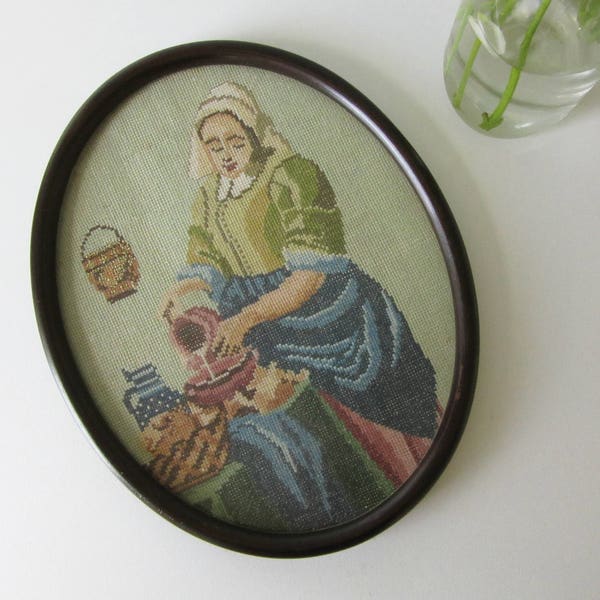 Vintage Embroidery of the Milk Maid by Vermeer Delft Netherlands in Oval Frame 50s 17158