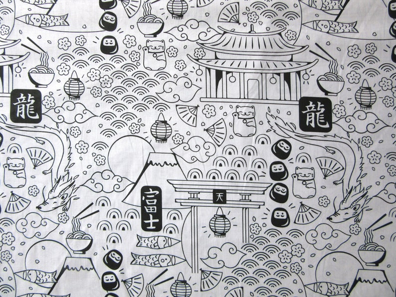 Katoen Zwart Wit met Japans Doodle Design afbeelding 5