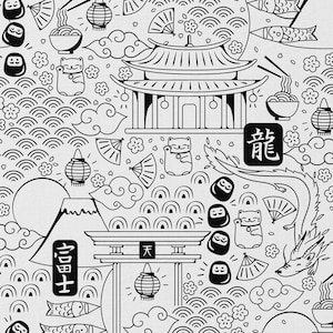 Katoen Zwart Wit met Japans Doodle Design afbeelding 1