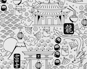 Katoen  Zwart Wit met Japans Doodle Design