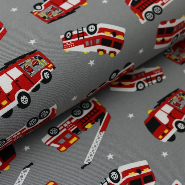 Jersey Cotton Grey avec camions de pompiers rouges