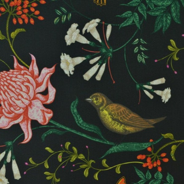 Tissu Lycra Noir avec Dessin de Fleurs et d'Oiseaux. (Tissu de maillot de bain)