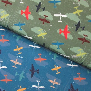 Jersey Cotton Fabric  with Planes in Blue or Green from the Megan Blue Series