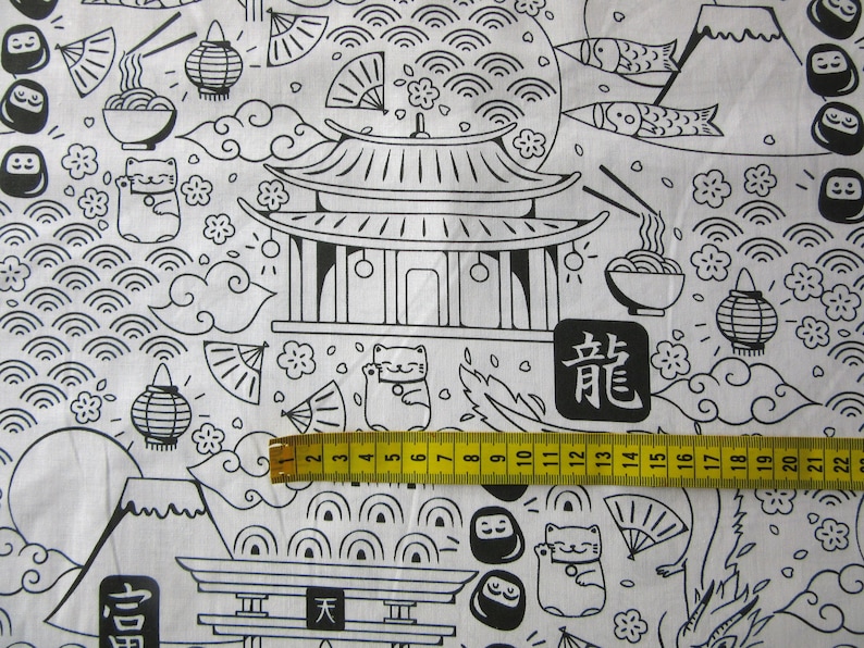 Katoen Zwart Wit met Japans Doodle Design afbeelding 8