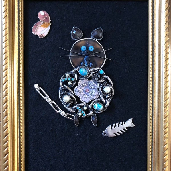 Jewellery art cat, recycled jewellery art, broken jewellery art, vintage jewellery art