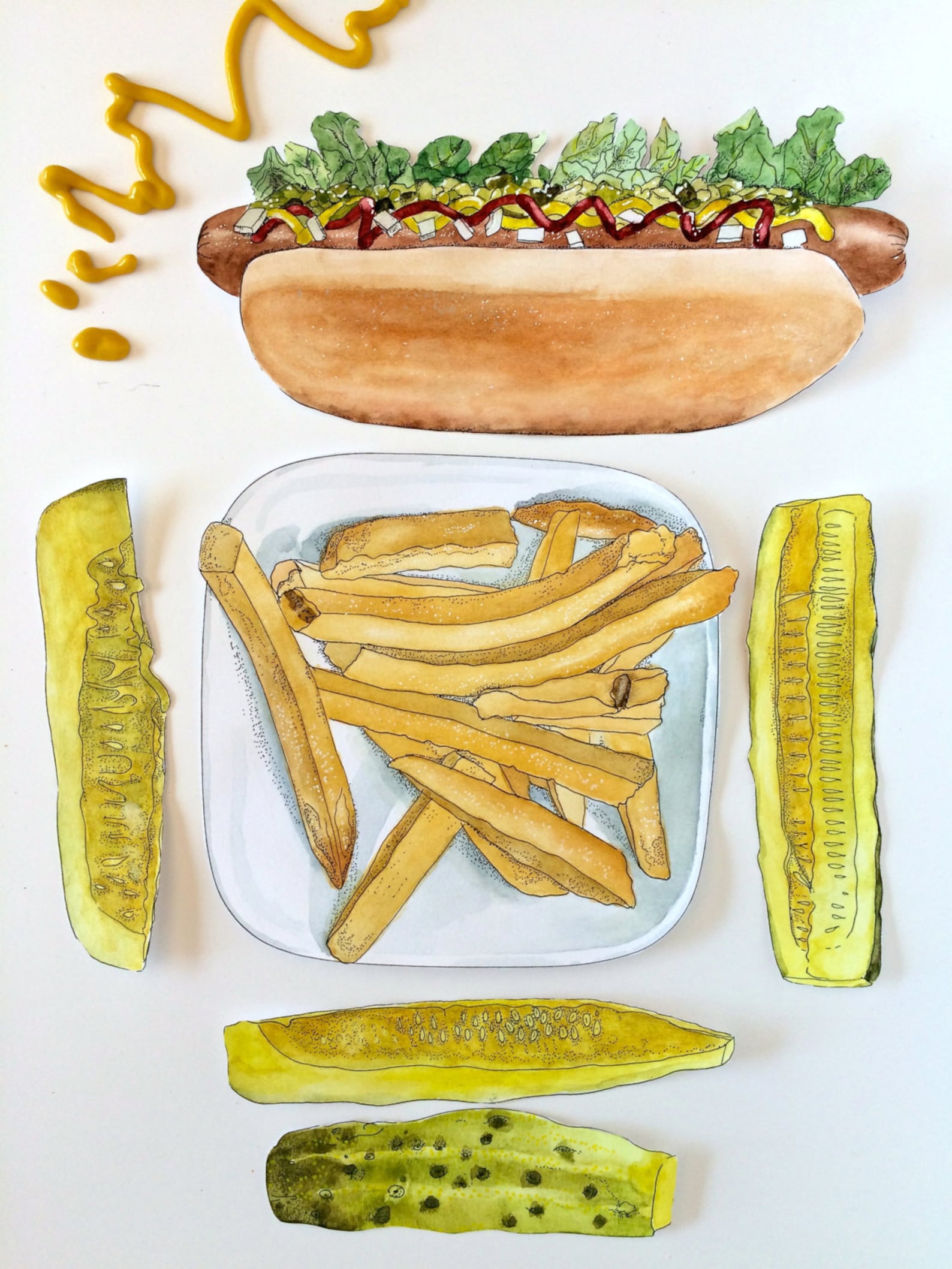 Hot Dog Printable Card Kit | Printable Hot Dog Watercolor Clipart for ...