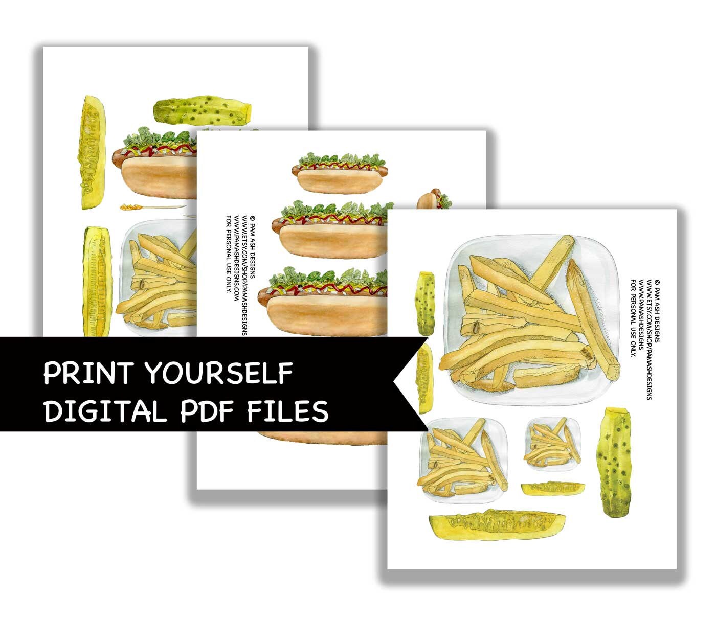 Hot Dog Printable Card Kit | Printable Hot Dog Watercolor Clipart for ...