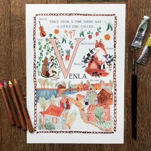 Carta de ilustração personalizada do nome do bebê V A4