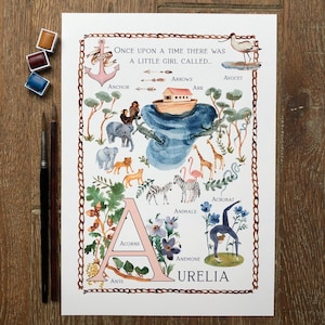 Uma carta A4 personalizada com ilustração do nome do bebê