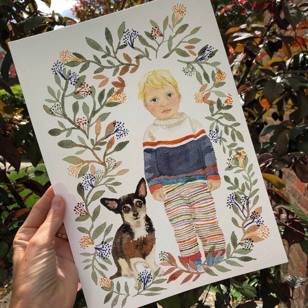 Bespoke child and pet portrait - A4 original water colour.