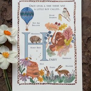 H Carta de ilustração personalizada do nome do bebê A4