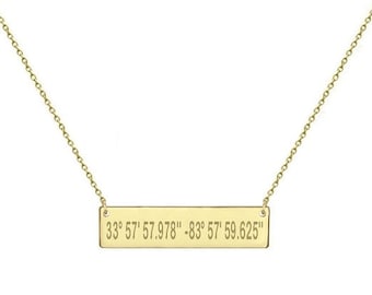 Engravable 1.5 inch 14k Solid Gold Bar Necklace Gold Bar Necklace Personalized Latitude Longitude Coordinates engravable Mothers day gift
