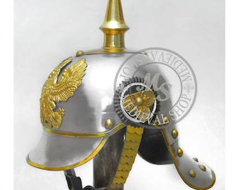 German Pickelhaube Helmet Steel and Brass Prussian Military Spiked Helmet Replica Wearable Antique Armor for Display Cosplay Gift