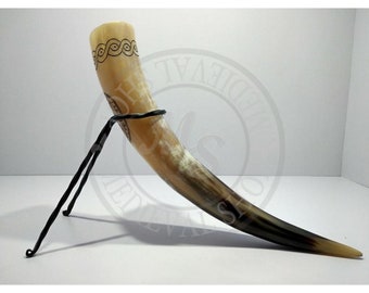 Viking Drinking Horn Natural Medieval Buffalo ox Beer drinking Horn with iron stand
