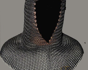 Handmade Black Chainmail Hood: Medieval V-Neck Coif, Cosplay Armor