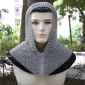 Medieval Chainmail Coif V Neck Butted Steel Chainmail Hood Wearable Knight Armor for LARP Cosplay Reenactment Costume