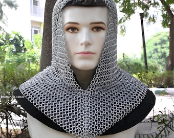 Medieval Chainmail Coif V Neck Butted Steel Chainmail Hood Wearable Knight Armor for LARP Cosplay Reenactment Costume