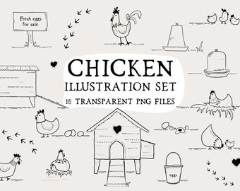 Rustic Chicken Illustration Clipart: Farmhouse Hen PNG Set (Digital Download)