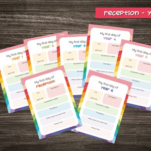 May include: A set of printable worksheets for students in grades Reception through Year 6. Each worksheet has a rainbow border and prompts for students to fill in information about themselves on their first day of school, such as their age, height, and favorite things.