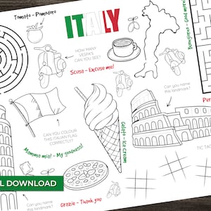 Könnte beinhalten: Ein schwarz-weißes, druckbares Aktivitätsblatt mit italienischen Illustrationen und Aktivitäten. Das Blatt enthält ein Labyrinth, ein Tic-Tac-Toe-Spiel, eine Malvorlage der italienischen Flagge und ein Suchwort. Das Blatt enthält auch italienische Wörter und Sätze wie "ciao", "buongiorno", "grazie" und "mamma mia!"