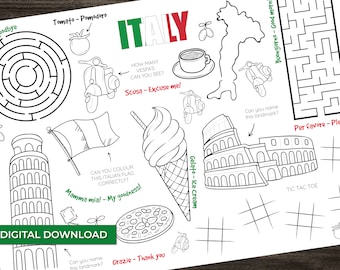 Könnte beinhalten: Ein schwarz-weißes, druckbares Aktivitätsblatt mit italienischen Illustrationen und Aktivitäten. Das Blatt enthält ein Labyrinth, ein Tic-Tac-Toe-Spiel, eine Malvorlage der italienischen Flagge und ein Suchwort. Das Blatt enthält auch italienische Wörter und Sätze wie "ciao", "buongiorno", "grazie" und "mamma mia!"