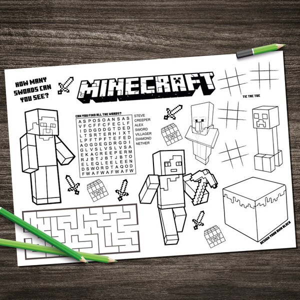 Minecraft Activity Sheet Placemat - instant digital download - writing, tracing, observation, creativity, problem solving and fun!