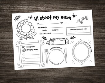 Mother's day - All About My Mum Activity Sheet - Birthday occasion party - instant download digital art - printable family memories