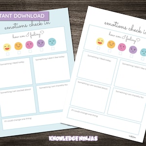 Emotions feelings check in activity sheet for kids teen adult mental health - emotional wellbeing - instant digital download printable