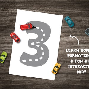 Folhas de atividades das páginas de rastreamento de carros com números de estradas - Download digital instantâneo - Aprendendo a contar o jardim de infância - 1-9 - Cartões