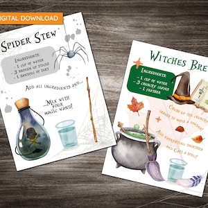 May include: Two watercolor recipe cards for Halloween. One card is titled "Spider Stew" and the other is "Witches Brew". The "Spider Stew" card includes a spider illustration and a potion bottle. The "Witches Brew" card includes a cauldron and a witch's hat.