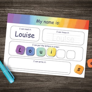 Hoja de actividades para aprender el nombre del arcoíris (descarga digital instantánea): leer, trazar, ordenar y escribir. Aprende las letras del alfabeto ABC.