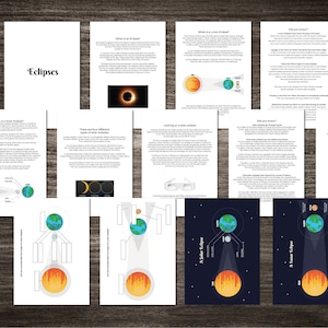 May include: A printable educational resource about eclipses. The resource includes diagrams, text, and a quiz. The text includes the words "What is a Solar Eclipse?" and "What is a Lunar Eclipse?"