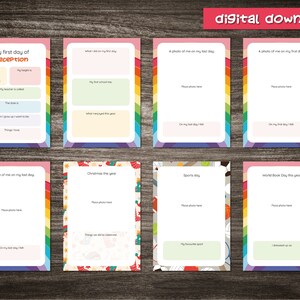 May include: A set of printable activity pages for a child's first day of school. The pages feature a rainbow design and prompts for the child to write about their first day, their favorite things, and their favorite sport. The pages also include space for photos.