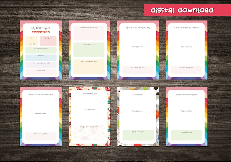 May include: A set of printable activity pages for a child's first day of school. The pages feature a rainbow design and prompts for the child to write about their first day, their favorite things, and their favorite sport. The pages also include space for photos.