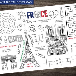 Scheda di attività di viaggio in FRANCIA - download immediato di arte digitale - stampabile - da colorare, labirinto, conteggio, riconoscimento e molto altro!