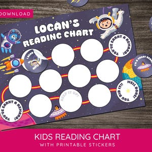 May include: A printable space-themed reading chart for kids with a customizable name, Logan, and a rocket ship, astronaut, and UFO design. The chart includes 10 circles for stickers and the text "You've earned a reward!" and "Well done!"